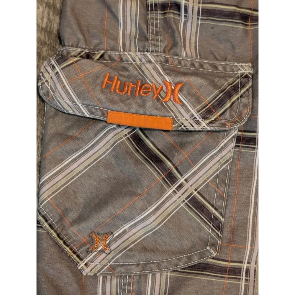 Hurley Mens‎ Plaid Board Shorts Green Orange Plaid Swim Trunks Size 34-36